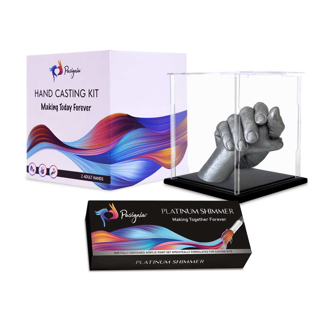 Hand Casting Kit for 2 Adult Hands + Platinum Shimmer Paint Set + Display Case