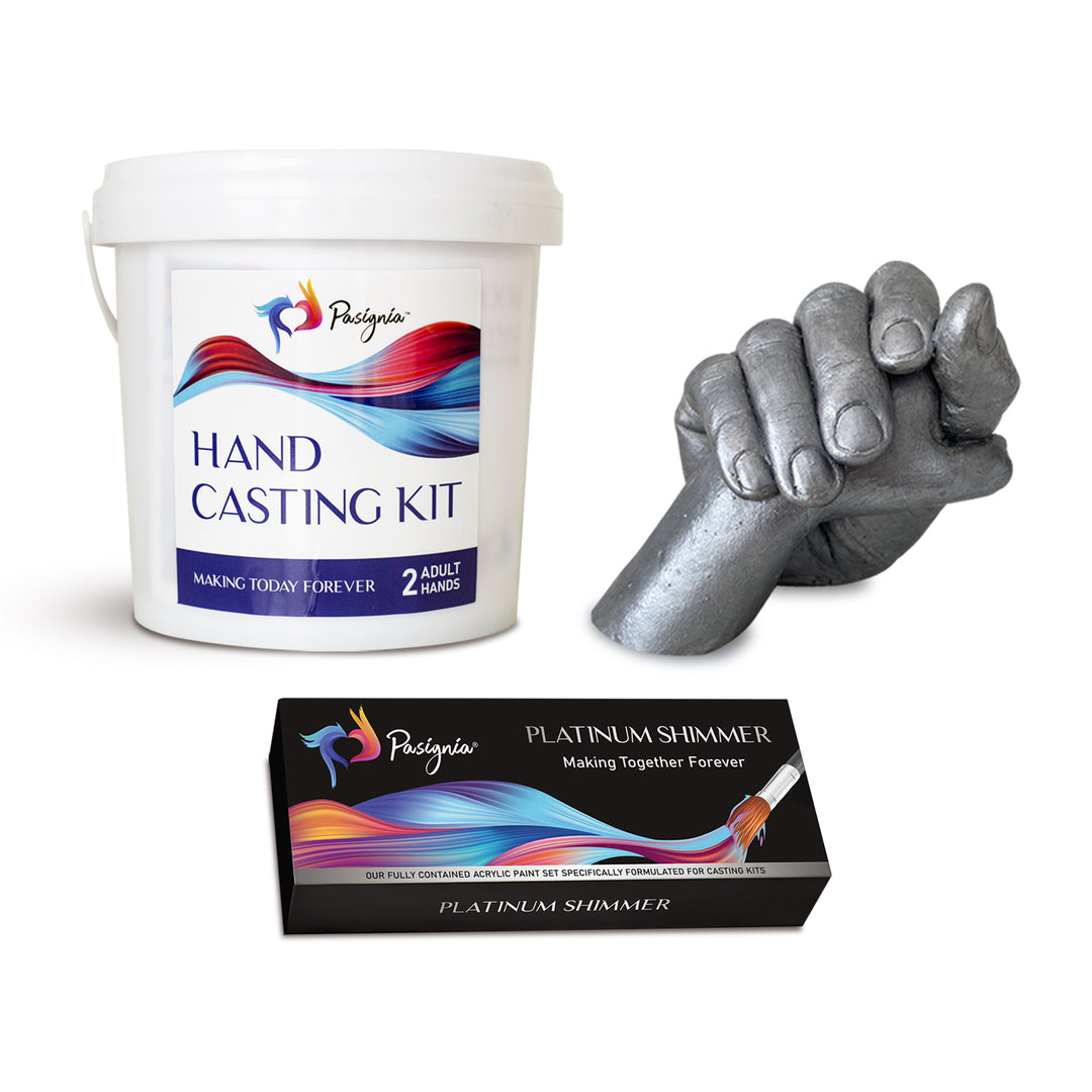 Hand Casting Kit for 2 Adult Hands + Platinum Shimmer Paint Set